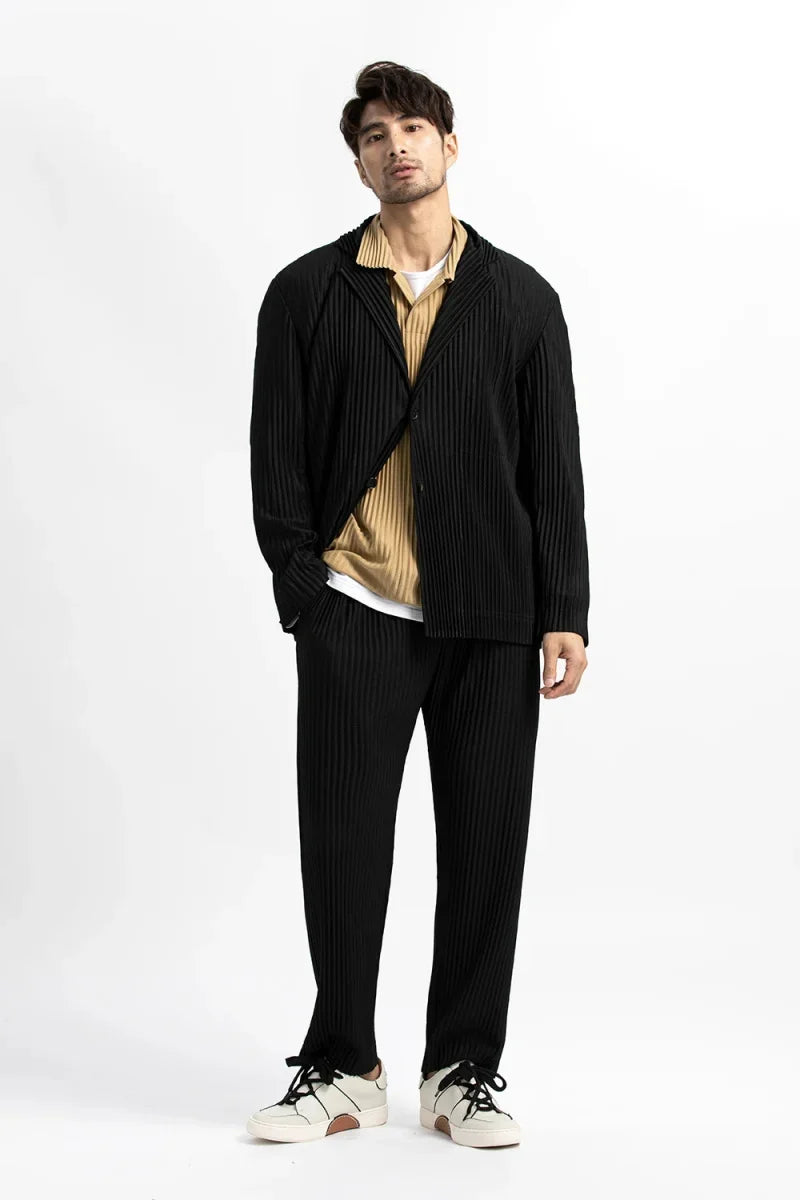 Men's Miyake Pleated Style Blazer Jacket Japanese Casual Stretch Slim Fit Business Office Fashion Luxury Wrinkle Resistant Coat