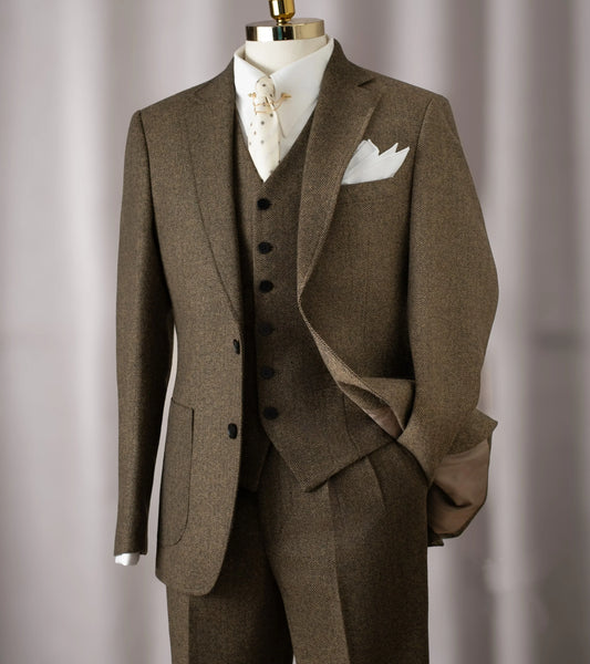Vintage Men 3 Piece Tweed Suit Herringbone Wool Blazer Vest Pants Outfit Formal Wedding Groom Tuxedo Business Party Customized