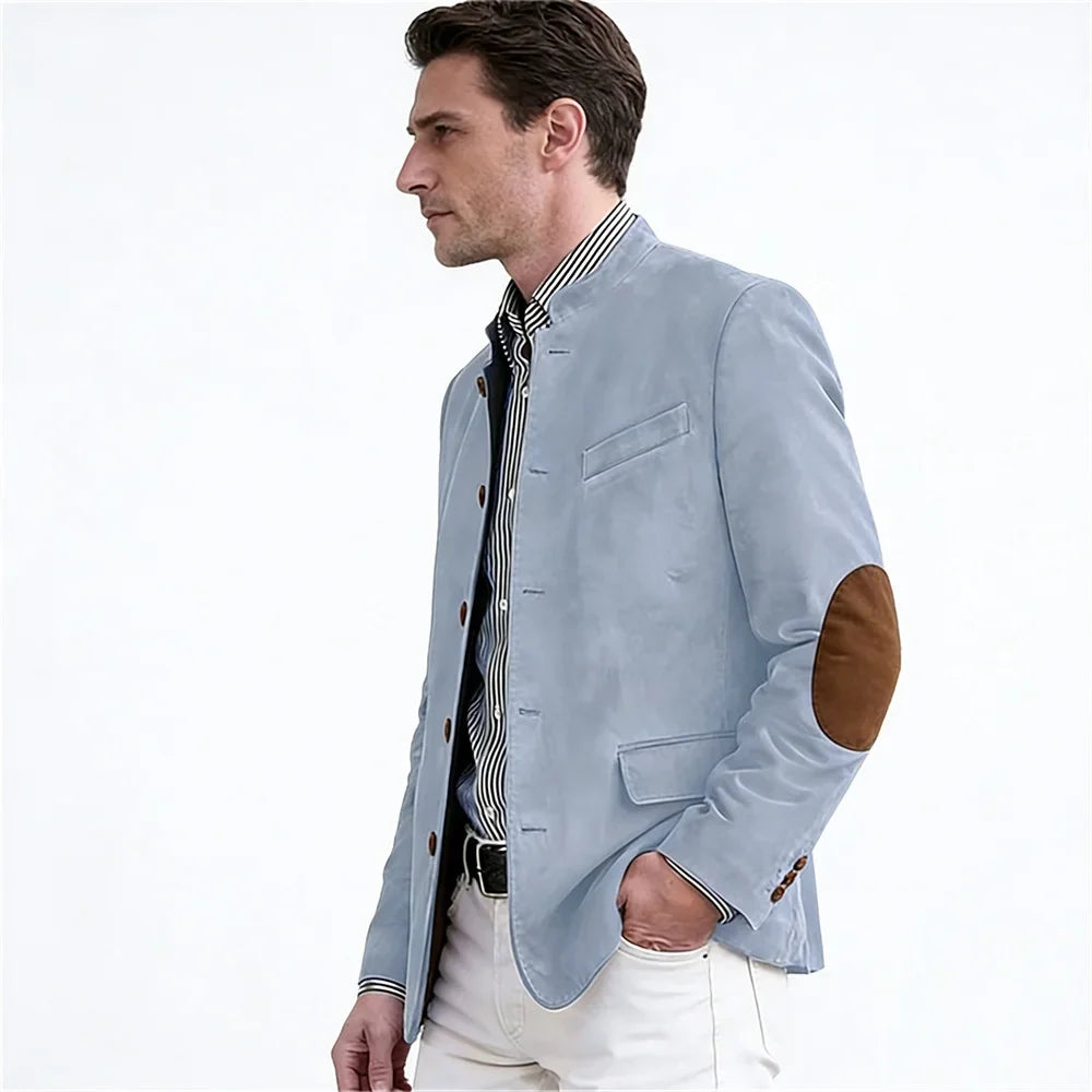Men's Casual Blazer Flannel Suit Jacket With Elbow Patches Band Collar Brown Button Daily  Casual Slim Fit Customized Business
