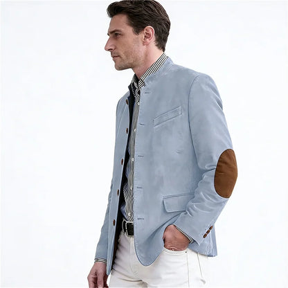 Men's Casual Blazer Flannel Suit Jacket With Elbow Patches Band Collar Brown Button Daily  Casual Slim Fit Customized Business