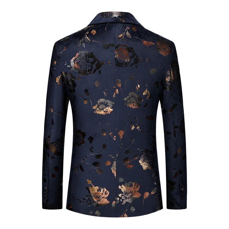 Men's Double Breasted Blazer Handsome Trend Casual Wedding Business Fashion High Quality Flowers Costume Homme De Luxe