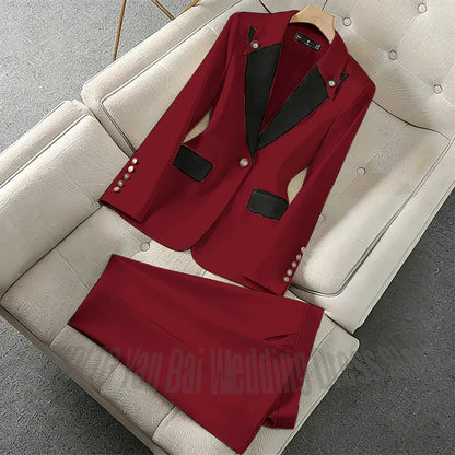 New Unique Women Pant Suit Contrast Color Modern Outfit One-Button Peaked Lapel Casual Fashion Daily Female Clothes Set 2 Piece