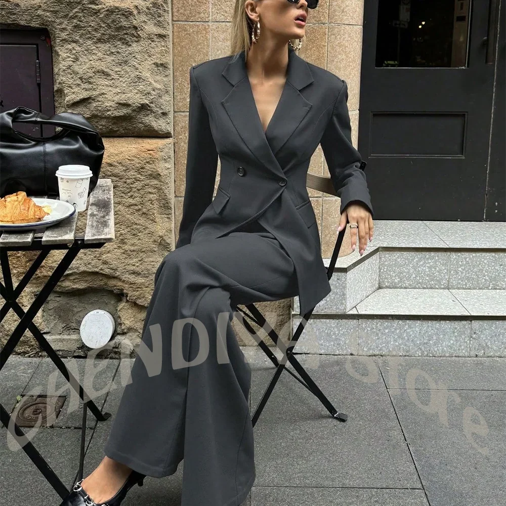 Smart Casual Women Suit Solid Grey Double Breasted Straight High Street Travel Daily Outfit High Quality Jacket with Pants