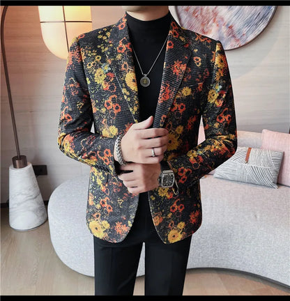 Luxury Art Jacquard Suit Jacket for Men Korean Version Business Casual Blazers Slim Fit Wedding Groom Social Dress Coats M-4XL