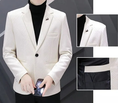 Men's Autumn Winter Fleece-Lined Slim Fit Casual Blazer Korean Style Solid Color Thick Warm Youth Fashion Suit Jacket
