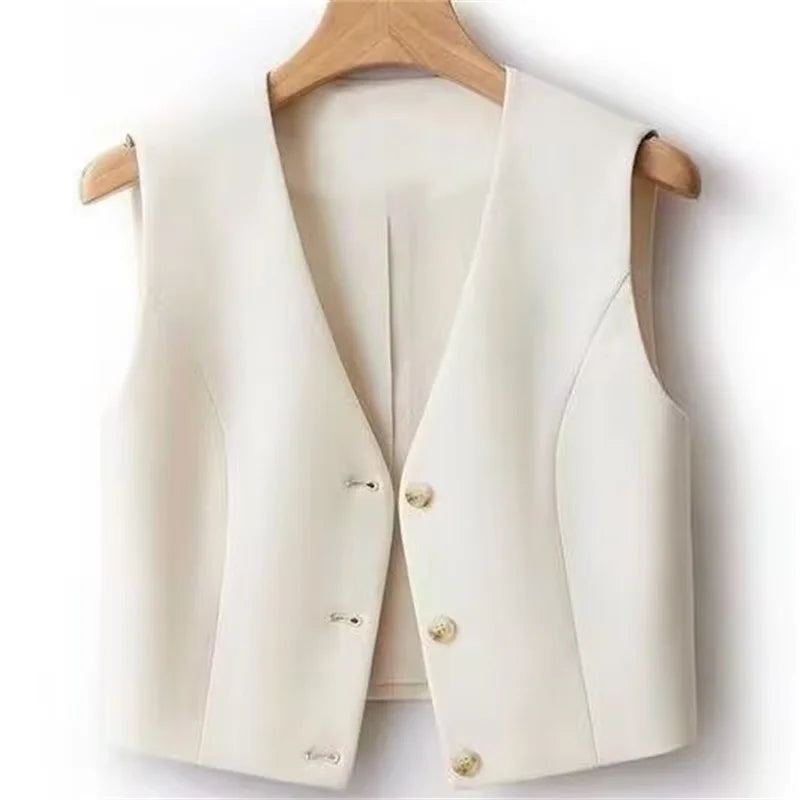 Women Fashion Leisure V-neck Lined Waistcoat Korean Female Short Suit Sleeveless Spring Autumn Lady Solid Color Blazer Vest Tops