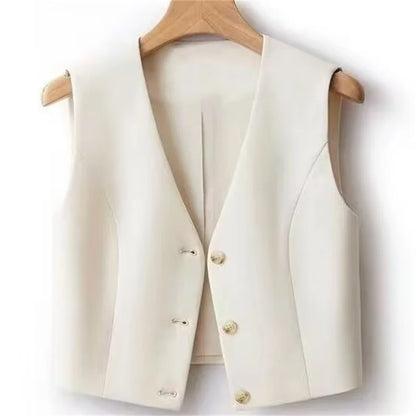 Women Fashion Leisure V-neck Lined Waistcoat Korean Female Short Suit Sleeveless Spring Autumn Lady Solid Color Blazer Vest Tops