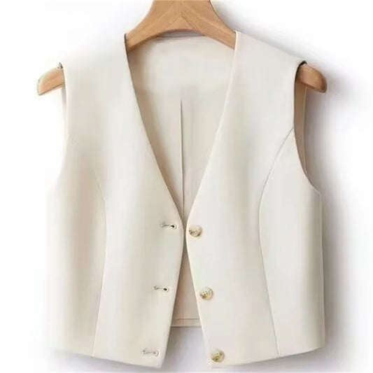 Women Fashion Leisure V-neck Lined Waistcoat Korean Female Short Suit Sleeveless Spring Autumn Lady Solid Color Blazer Vest Tops