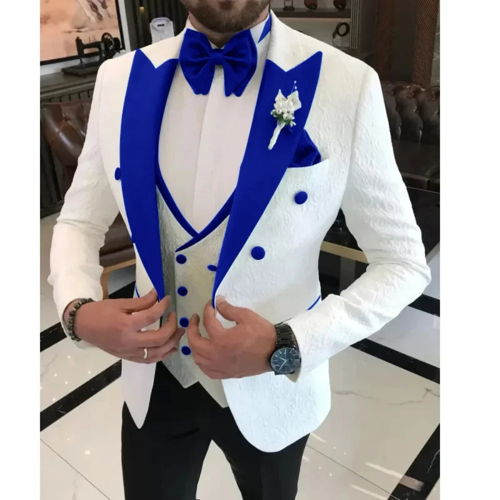 Men's Floral Wedding Tuxedo 3-Piece Set Double Breasted Jacket with Vest Peak Lapel Groom's Fashion Suit Male Wedding Attire