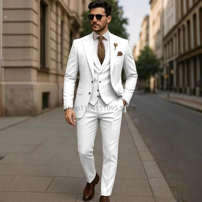 Costume de mariage formel trois pièces pour homme, avec revers crantés, veste unie, gilet et pantalon, pour soirée de bal, décontracté ou affaires