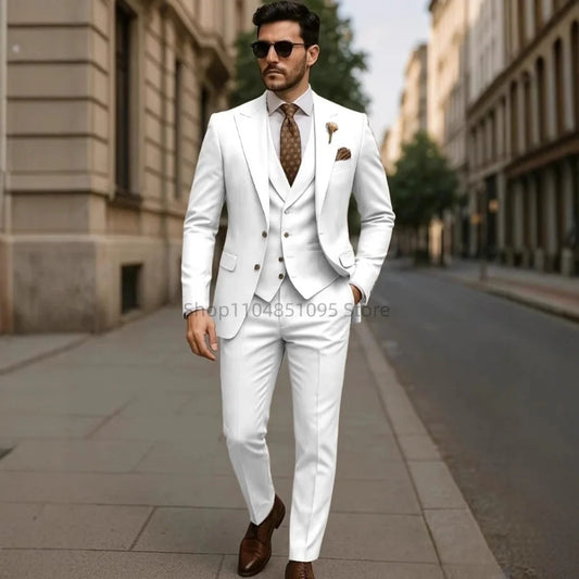 Costume de mariage formel trois pièces pour homme, avec revers crantés, veste unie, gilet et pantalon, pour soirée de bal, décontracté ou affaires