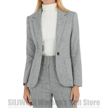 Fashion Herringbone Women's Suit One Button Wool Blend Blazer and Pants Set Formal Office Two Piece Stylish Daily Casual Suits