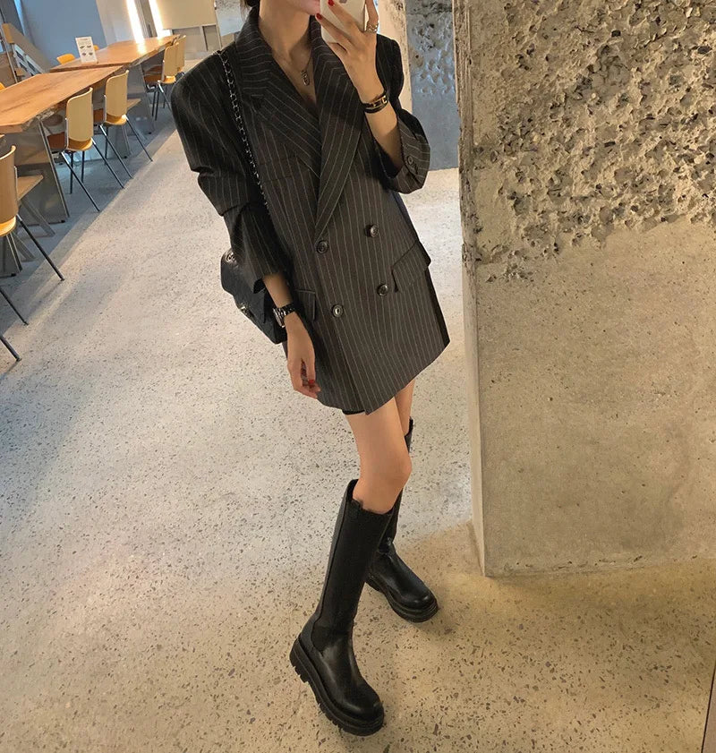Vintage Vertical Stripes Women's Suit Jacket Loose Fit Double Breasted Autumn Outerwear Fashion Versatile Polyester Cotton Blend