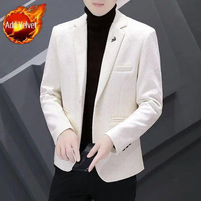 Men's Autumn Winter Fleece-Lined Slim Fit Casual Blazer Korean Style Solid Color Thick Warm Youth Fashion Suit Jacket
