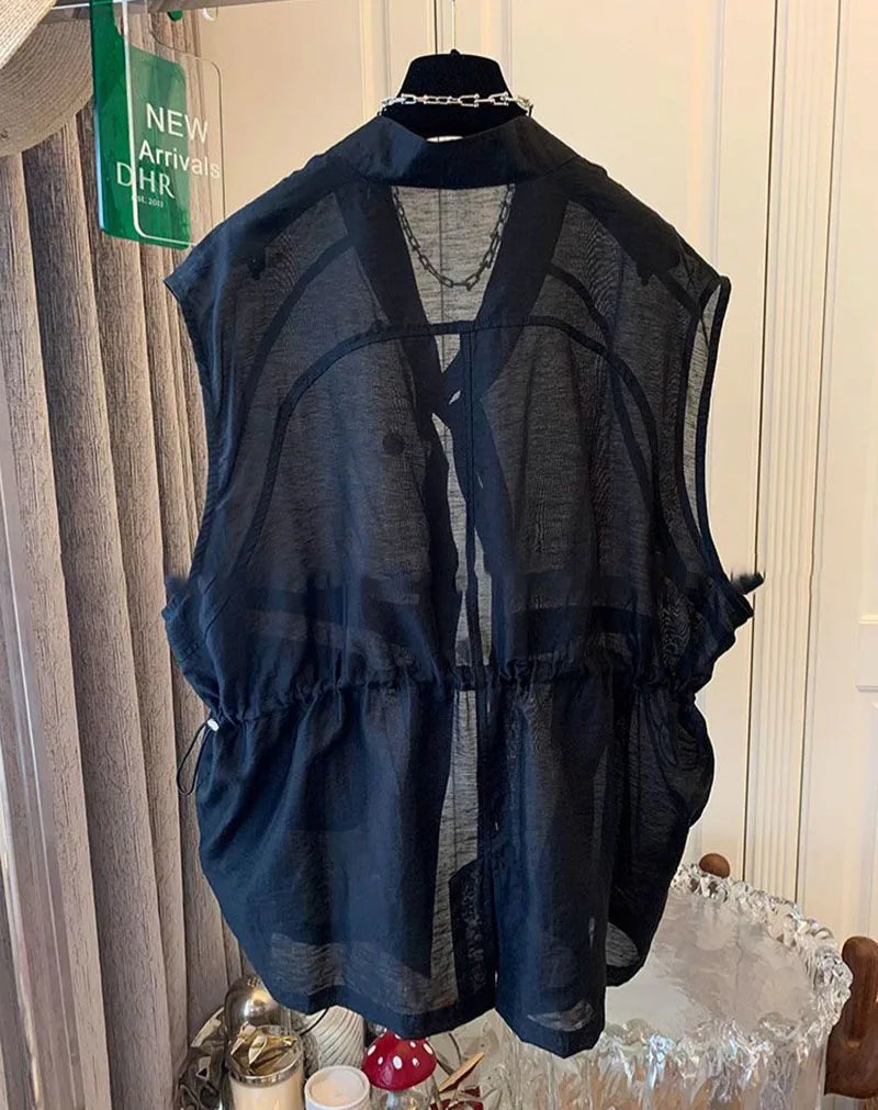 Summer Mid-Length Thin Vest Women Solid Casual V Neck Sleeveless Jackets 2025 Korean Loose Waistcoat Female Outwear