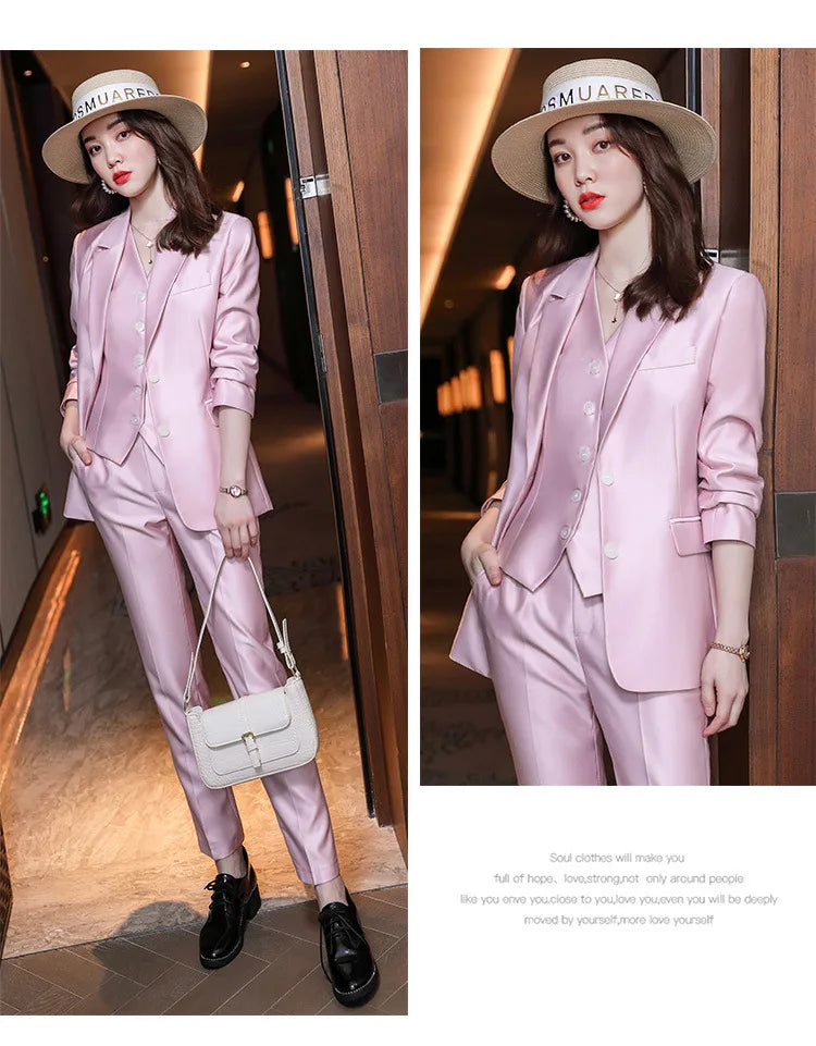 Fashion Elegant Pink High-End Small Business Suit Coat2022Autumn and Winter Elegant Vest Suit Three-Piece Korean Women's Clothin