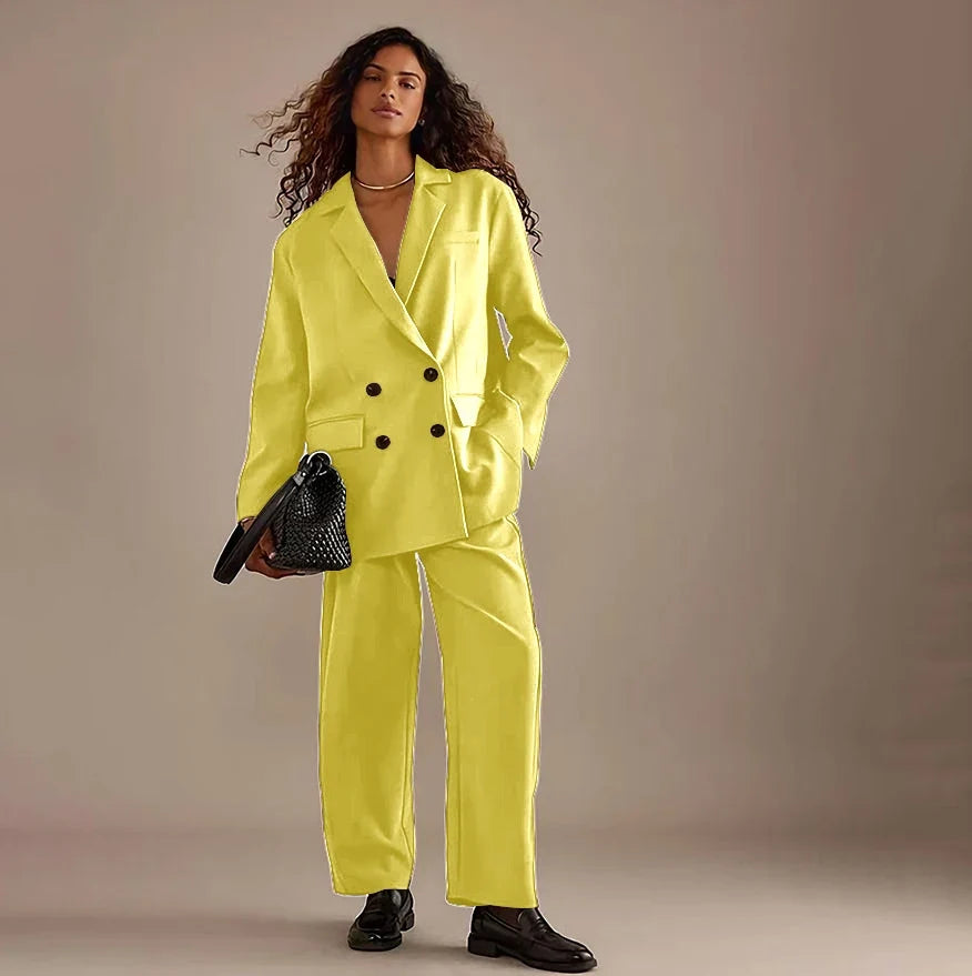 Leisure Brown Double Breasted Women Pants Set High-end Female Two Pieces(Jacket+Trousers)أطقم بناطيل