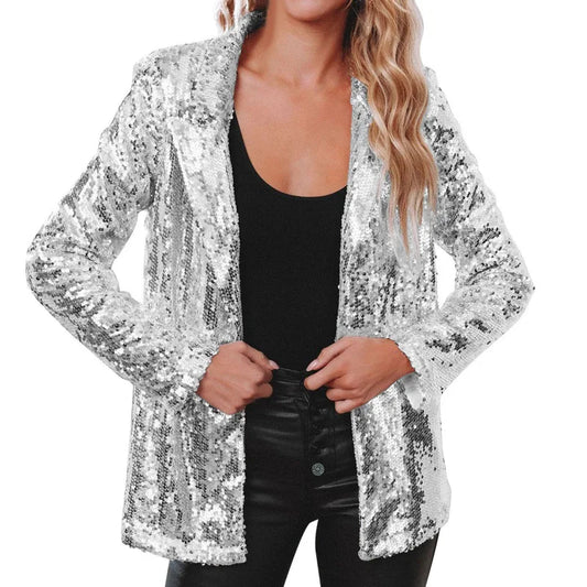 Elegant Casual Long Sleeve Sequin Jacket Multi-Color Spring 2023 Women's Fashion Outerwear Zipper Closure Cotton Blend