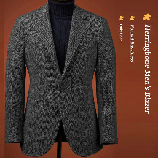 Herringbone Slim Fit Suit Jacket For Men's Single Breasted Business Blazer Casual Jacket Fashion Comfortable Elegant Mens