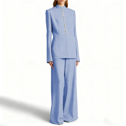 Elegant Women's Suits Pinstripe Two-piece(Jacket+Pants) Set with Stand Collar Gold Single Breasted Business Office Lady Outfit