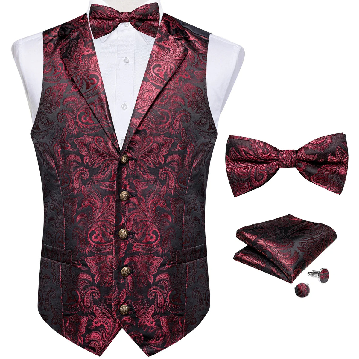 Men's Paisley Suit Vest Set with Tie, Pocket Square & Cufflinks for Wedding & Formal Events