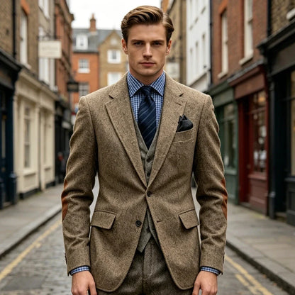 Men's Herringbone Blazer Notched Lapel With Elbow Patches Casual Suit Jacket For Business Wedding Daily Wear Party