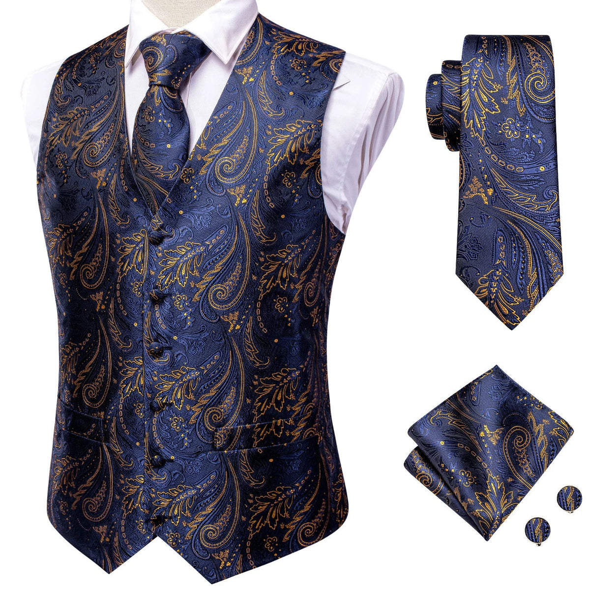 Men's Paisley Vest Suit Set – Navy Blue Formal Waistcoat for Wedding & Smart Casual