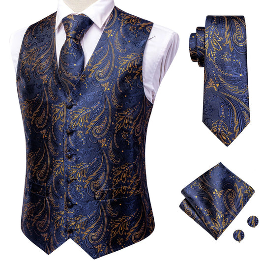 Men's Paisley Vest Suit Set – Navy Blue Formal Waistcoat for Wedding & Smart Casual