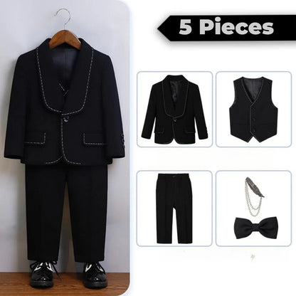 New Arrival Boys Slim Fit Suits 5 Pieces Jacket Vest Pant Bow-tie Brooch Party Wear,Smart Handsome Shawl Lapel Suit Set On Sale