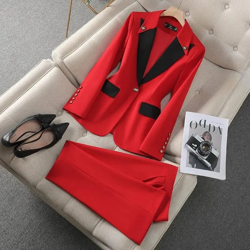 Fashion Red Black Beige Women Pant Suit 2 Piece Set Office Ladies Female Business Work Wear Formal Blazer Jacket And Trouser