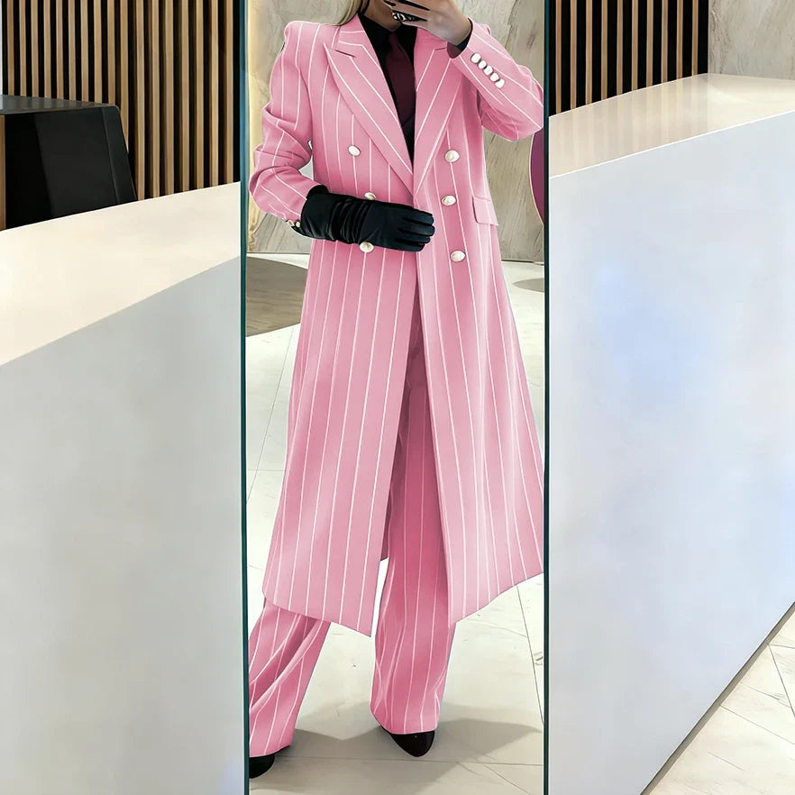 Burgundy Women's Suits Pinstripe Double Breasted Peaked Lapel Long Coat+Pants Set Elegant Formal Office Evening Party Outfit