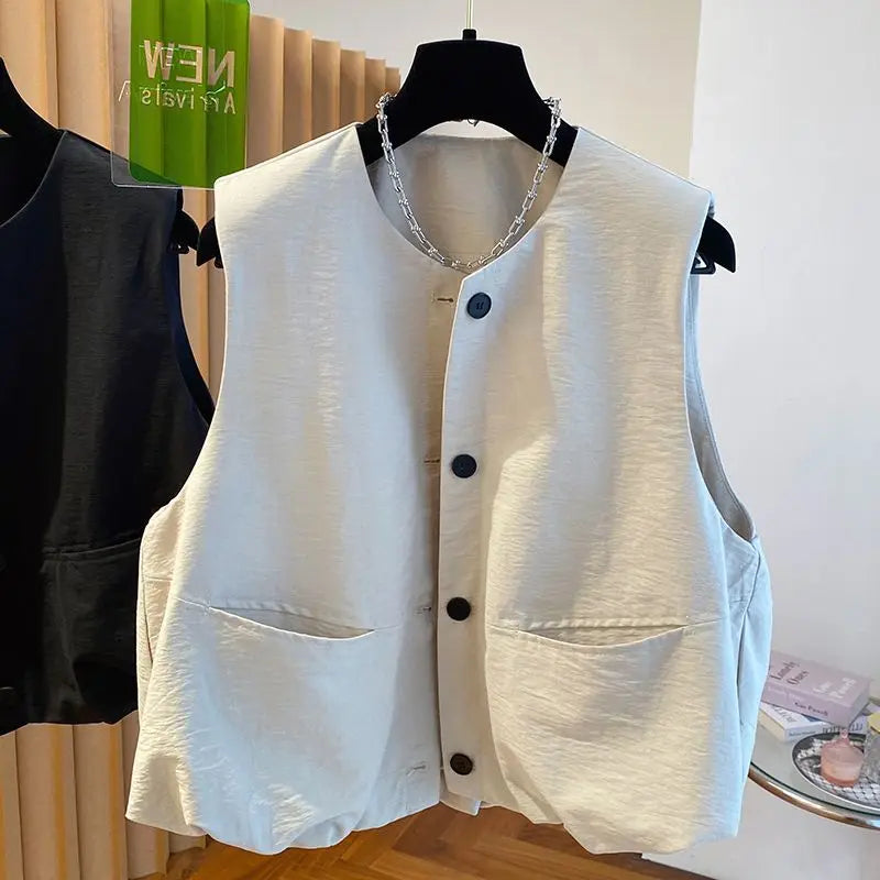 Vest Female Spring Autumn Casual Lined Waistcoat Women O-Neck Sleeveless Jacket Women Solid Single-breasted Vest Coat