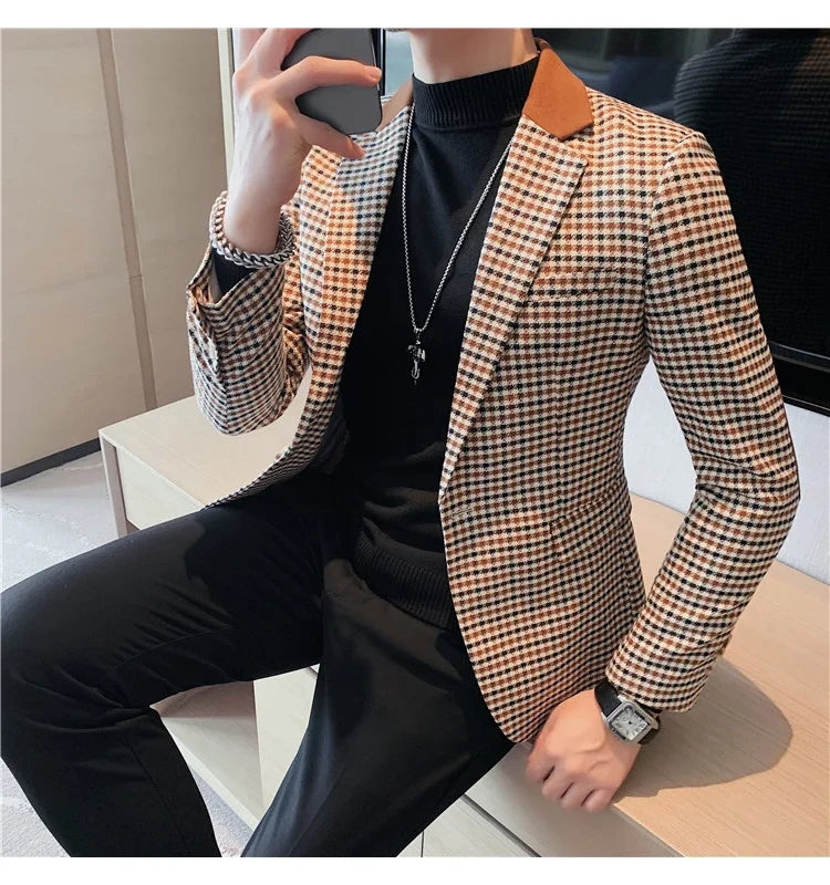 Men's High-Quality Fashion Suit Jacket Handsome Business Casual All-In-One Single-Breasted Checkered Design