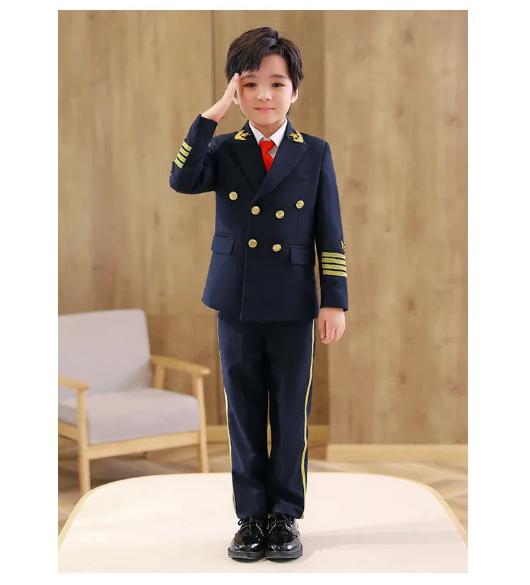 Flower Boys Pilot 3Pieces/Set Jacket Pants Tie Uniform Suit Kids Tuxedo Wedding Dress Children Birhtday Photograph Stage Costume