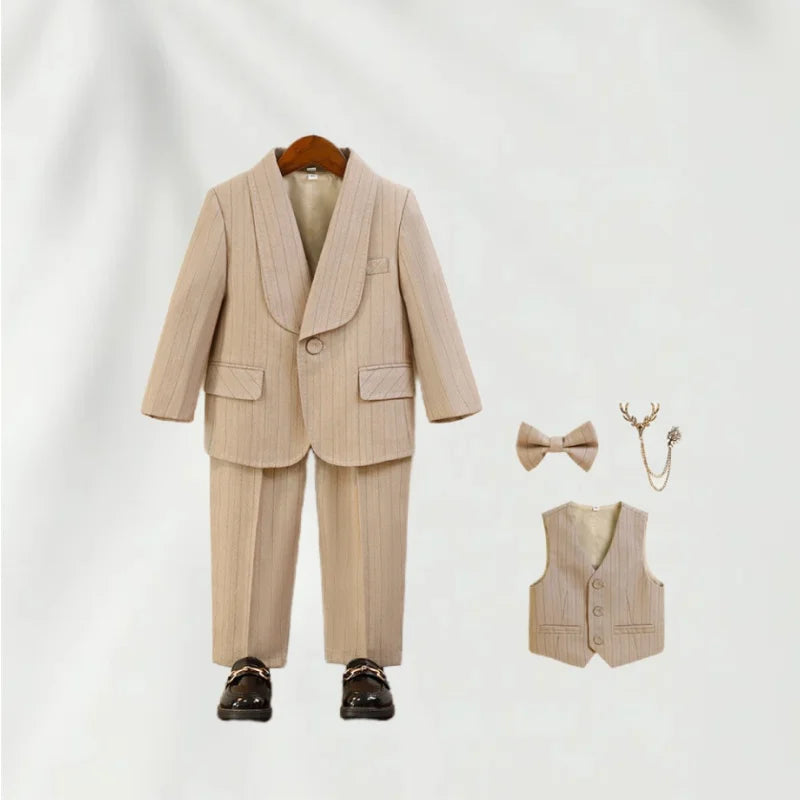 Kids Striped Birthday Party Outfit Boys Wedding Suit Set Childre's Jacket Vest Pants Bowtie Brooch 5Pieces Winter Clothing Set