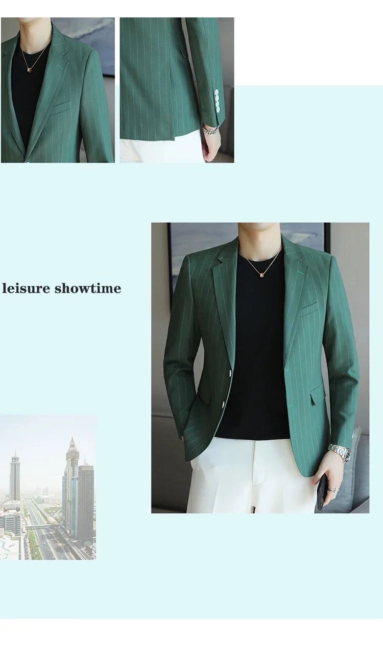 2026 Classic Striped Versatile Suit Jacket Men's Korean Fashion Casual Business Blazers Office Wedding Party Host Formal Jackets