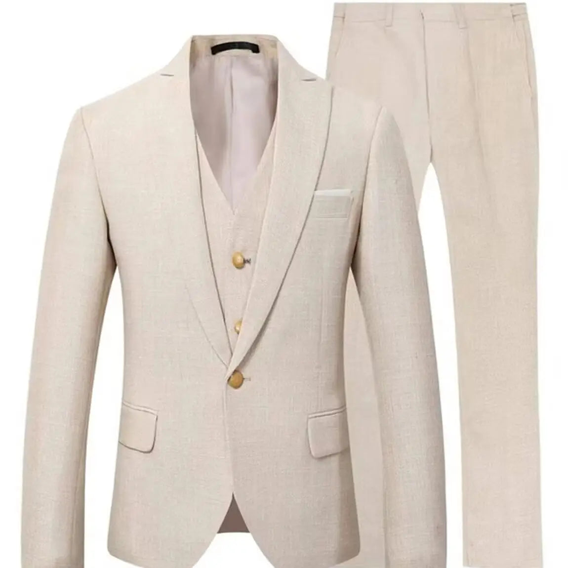 Blue/Beige Linen Men Suits Peak Lapel Slim Fit One Gold Button Blazer Vest Pants Groom Tuxedos Wedding Prom Dinner 3 Piece Set