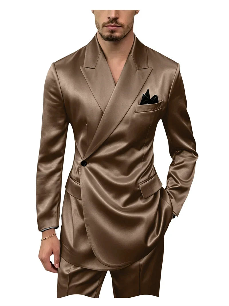 Men's 2 Piece Satin Suit Asymmetrical Wrap Peak Lapel Suit One Button Slim Fit Blazer Pants Wedding Formal Evening Luxury Outfit