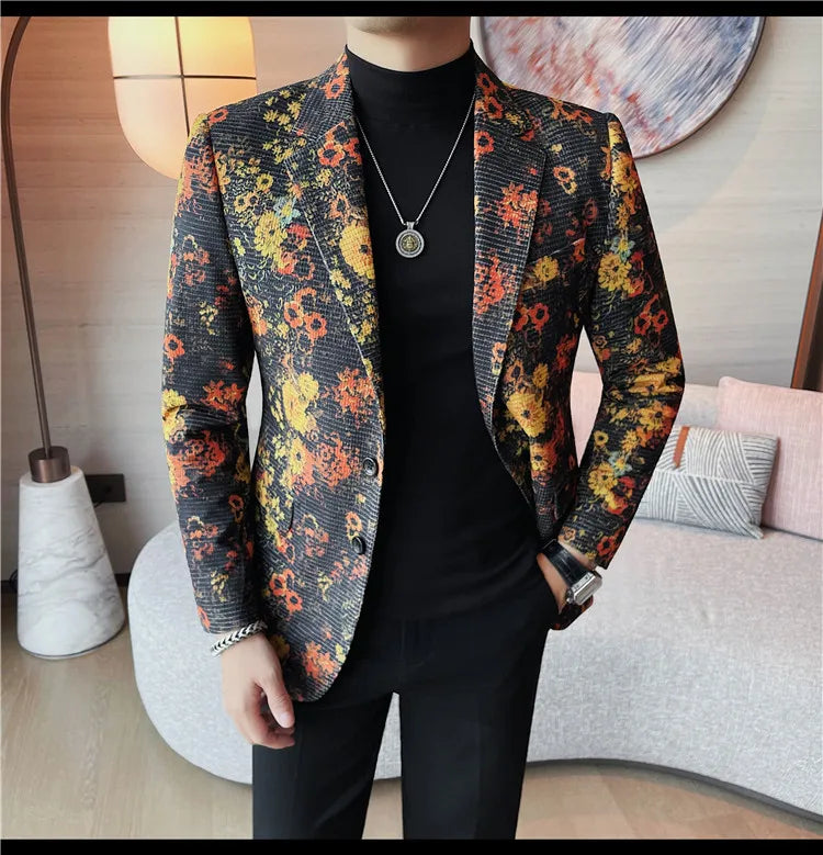 Luxury Art Jacquard Suit Jacket for Men Korean Version Business Casual Blazers Slim Fit Wedding Groom Social Dress Coats M-4XL