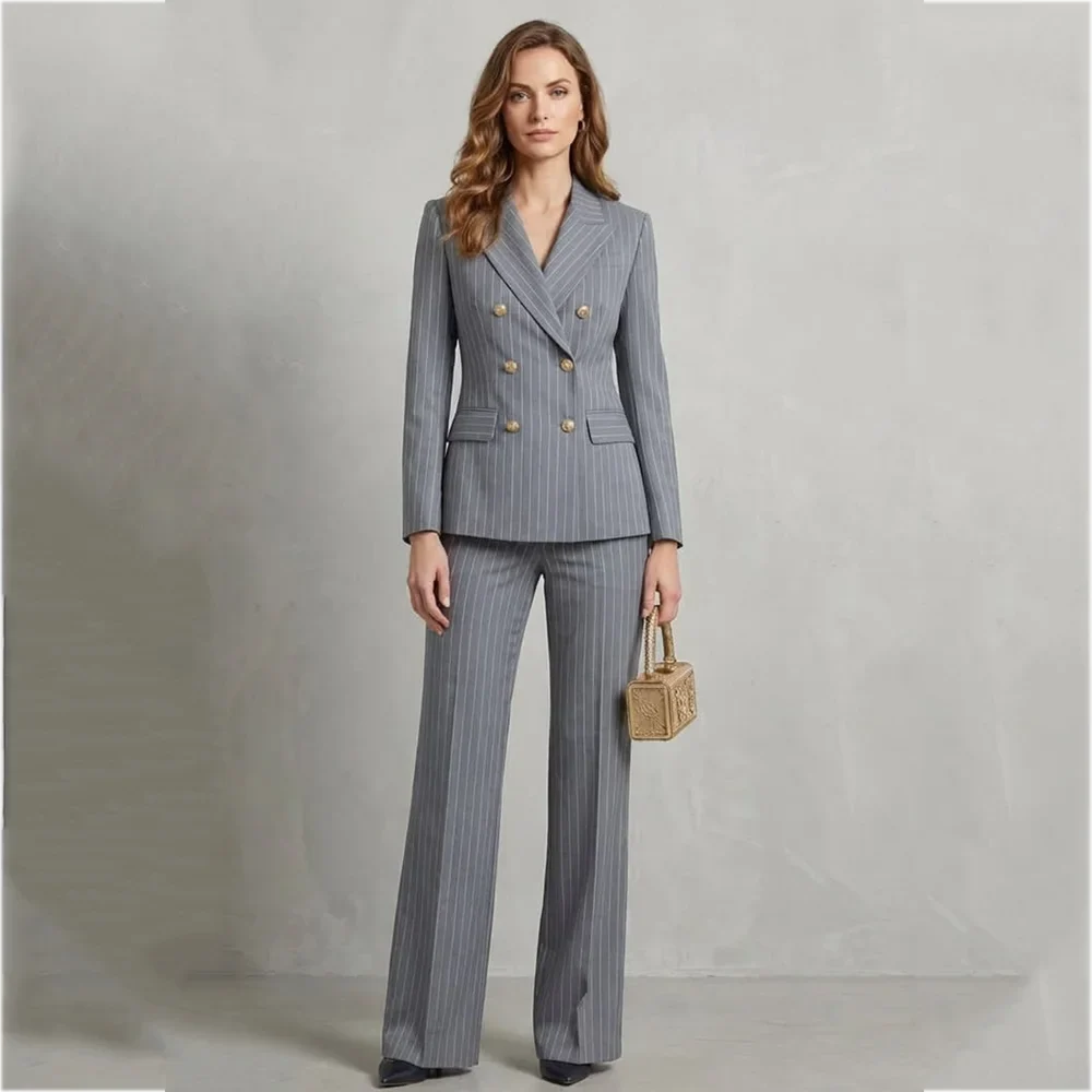 Business Women Striped Suits Formal Outfit Office Lady Peak Lapel Double Breasted Slim Fit Female Set For Work Daily Events