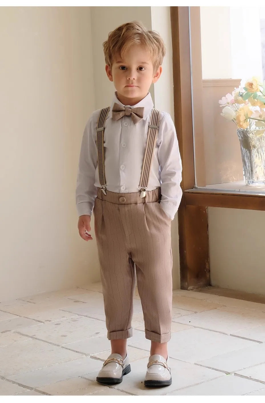 Boys Formal Khaki Tuxedo Dress School Performance Clothing Set Kids Wedding Photography Suit Children Birthday Gift Set Costume