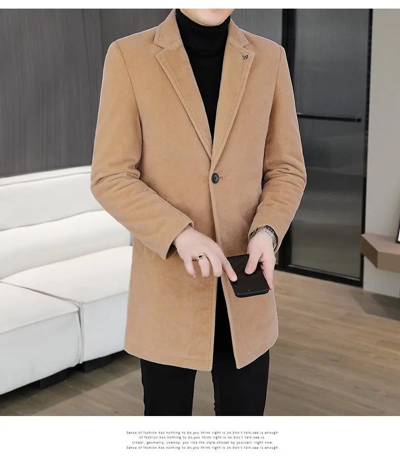 High-quality winter new style mid-length solid color men's fashionable and cool golden mink woolen trench coat with cotton