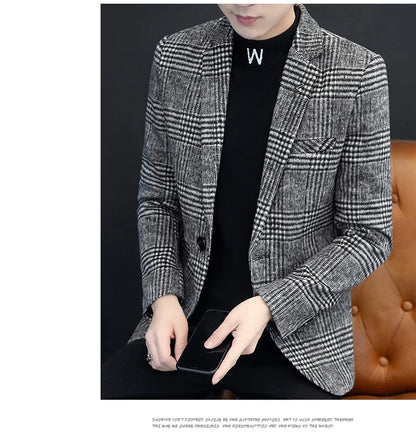 Men's Plaid Blazer Smart Casual Single Breasted Khaki Gray Autumn Office Jacket