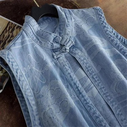 New Female Cowboy Vest Tops Coat Chinese Style Buckle Female Denim Waistcoat Jacket Ladies Cardigan Leisure Sleeveless Outerwear