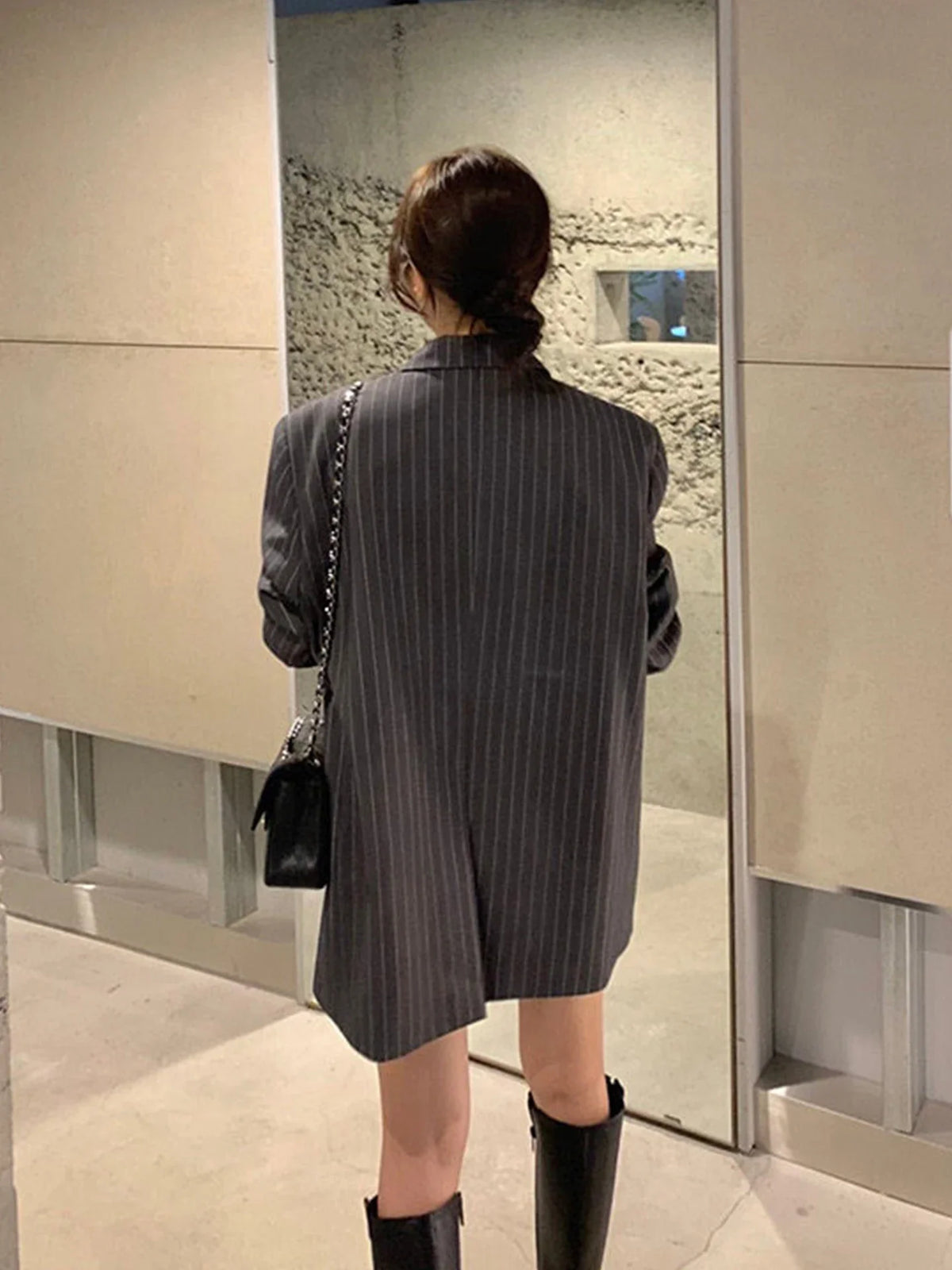 Vintage Vertical Stripes Women's Suit Jacket Loose Fit Double Breasted Autumn Outerwear Fashion Versatile Polyester Cotton Blend
