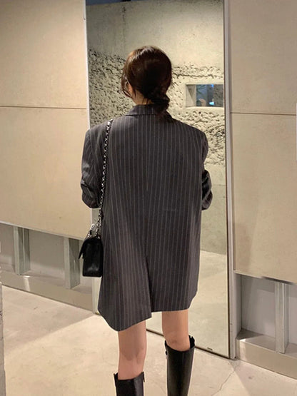 Vintage Vertical Stripes Women's Suit Jacket Loose Fit Double Breasted Autumn Outerwear Fashion Versatile Polyester Cotton Blend