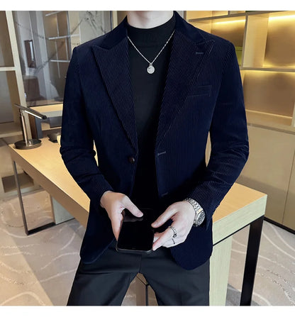 Corduroy Stripe Suit Jacket For Men Autumn Winter Business Slim Fit Tailcoat Formal Wedding Party Fashion Casual Suit Coat 4XL-M