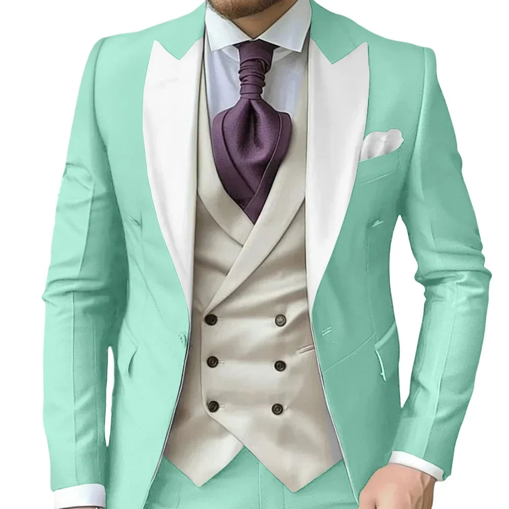 Fashionable Contrast Color Men's Suits 3 Pieces Jacket Vest Pants Dancing Sets Handsome Peak  Lapel Suit Set For Men Party Wear