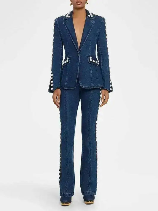 Blue Denim Two Piece Set Pearl Embellished Blazer High Waist Flare Pants Single Breasted Fitted For Women Office 2026 New