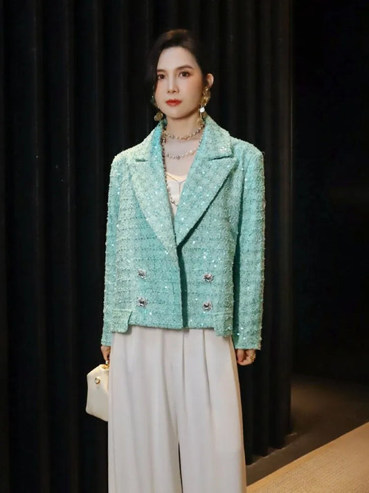 Elegant Women Spring Sequined Tweed Jacket Fashion Office Lady Doubil Breasted Short Coat Turn Down Collar Long Sleeve Outerwear